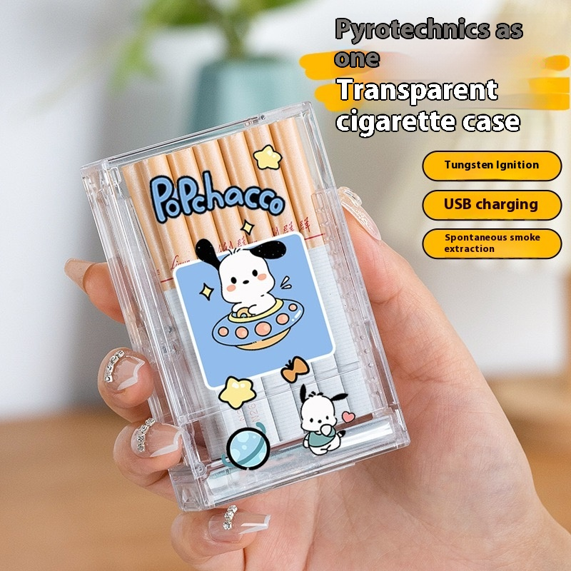 Cute cartoon-style rechargeable lighter and cigarette case combo, customizable with pictures.