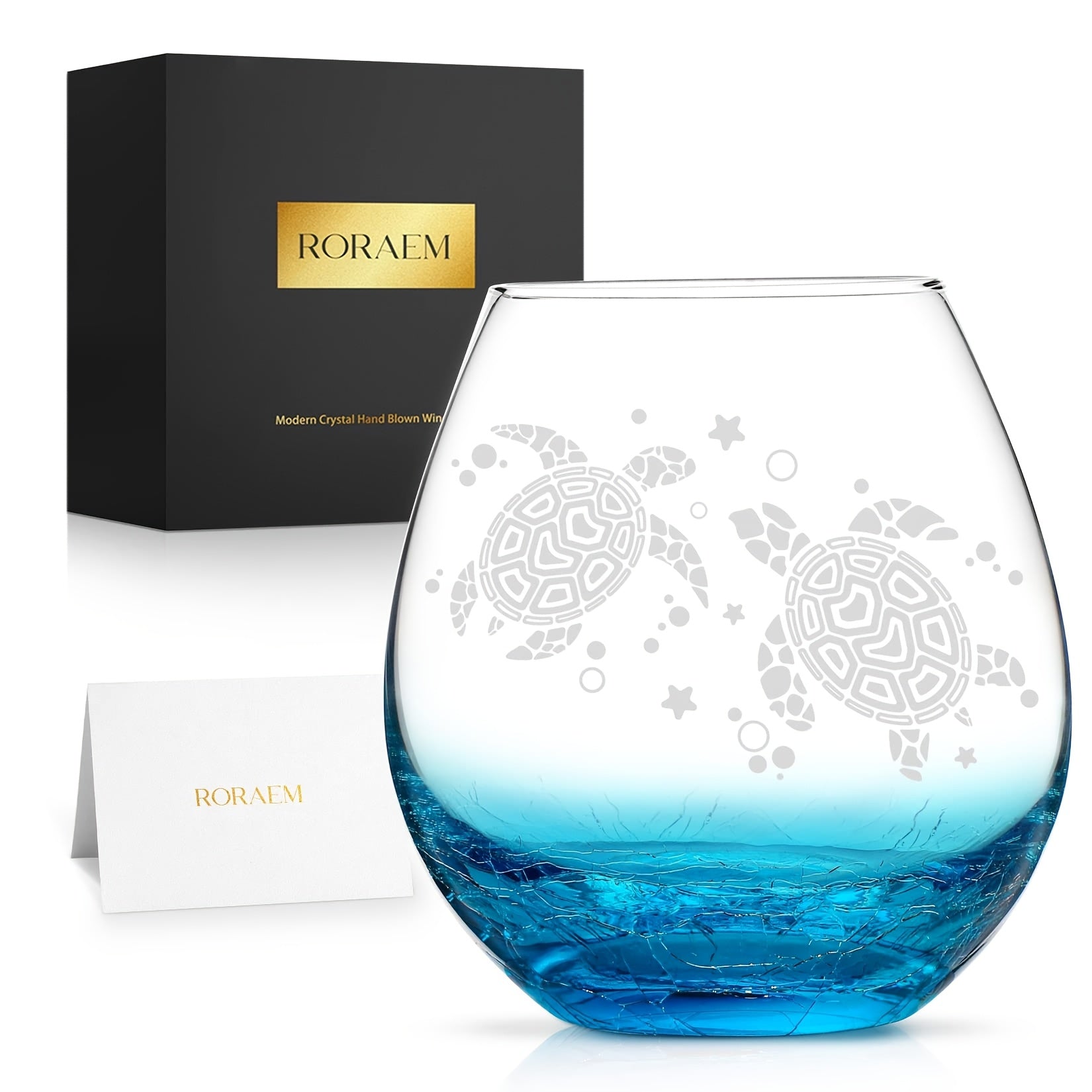 Roraem Wine Glasses - Hand-Etched for Turtle Designs on Wine Glasses, Perfect Unique Gifts for Women Who Love The Ocean. These Stemless Turquoise Glasses Are Ideal for Turtle Enthusiasts