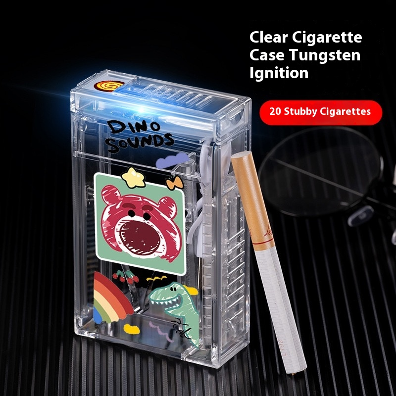Cute cartoon-style rechargeable lighter and cigarette case combo, customizable with pictures.