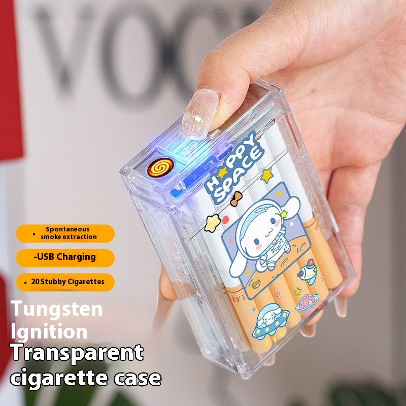 Cute cartoon-style rechargeable lighter and cigarette case combo, customizable with pictures.