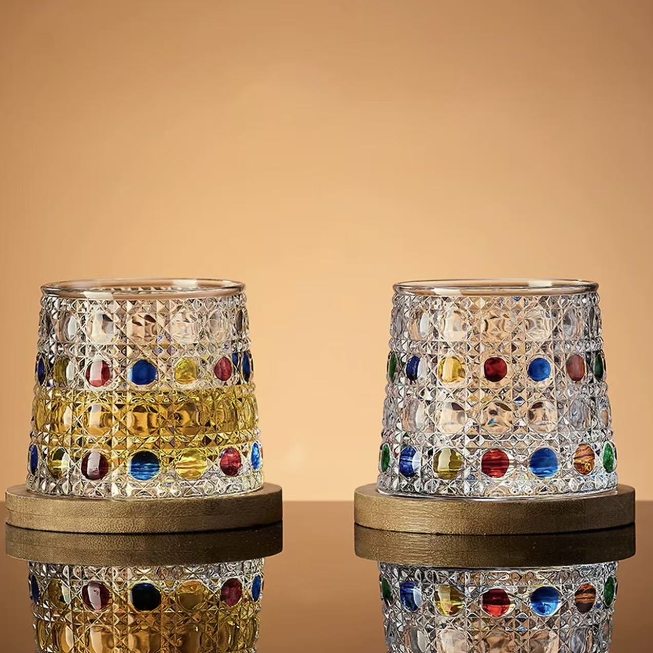 Creative Spinning Whisky Glass - Handmade Colored Glass Cup with Natural Wood Tray, Unique Fidget Toy & Barware Gift for Men