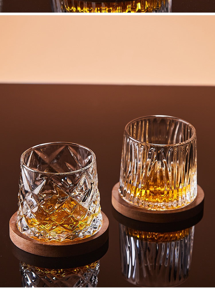 Creative Spinning Whisky Glass - Handmade Colored Glass Cup with Natural Wood Tray, Unique Fidget Toy & Barware Gift for Men