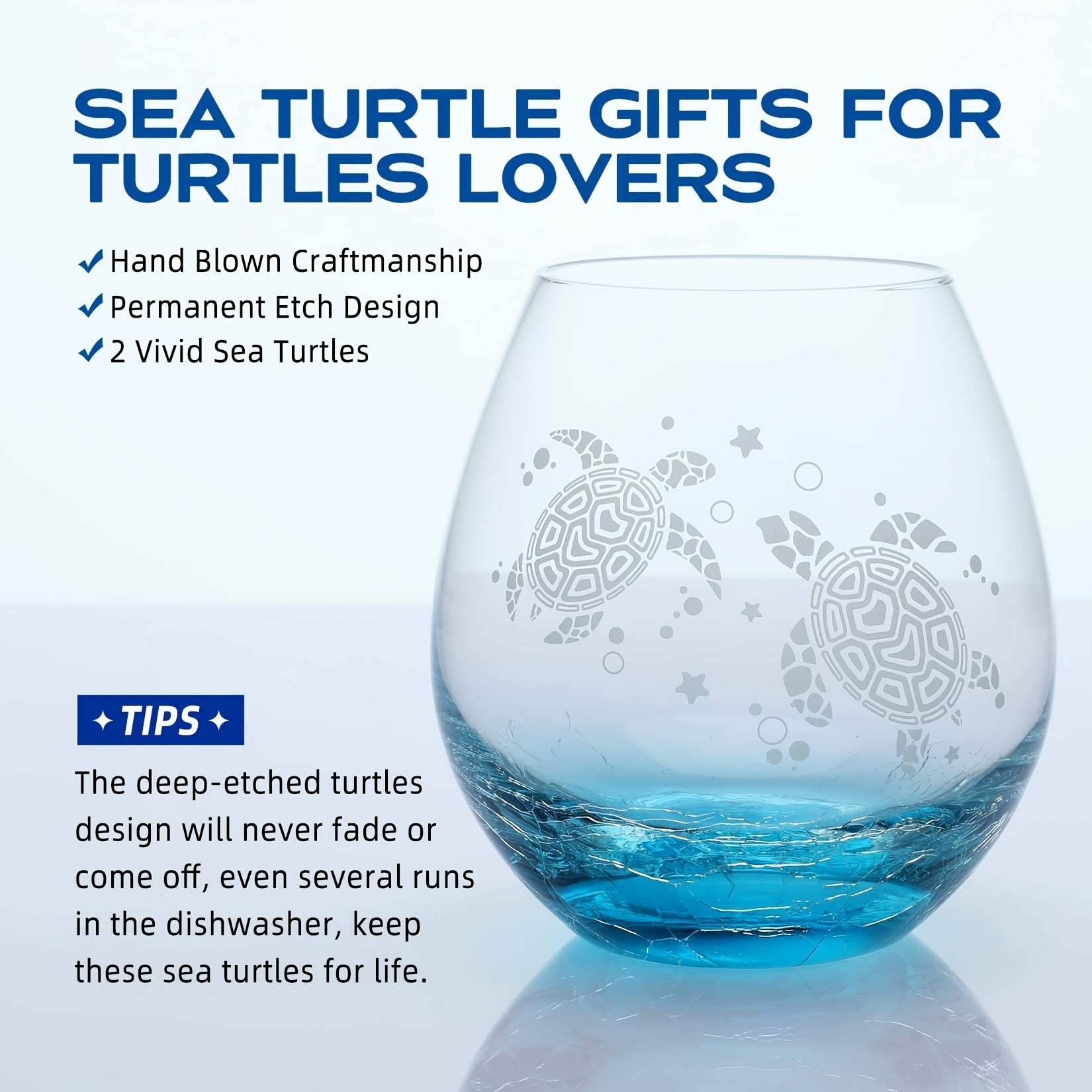 Roraem Wine Glasses - Hand-Etched for Turtle Designs on Wine Glasses, Perfect Unique Gifts for Women Who Love The Ocean. These Stemless Turquoise Glasses Are Ideal for Turtle Enthusiasts