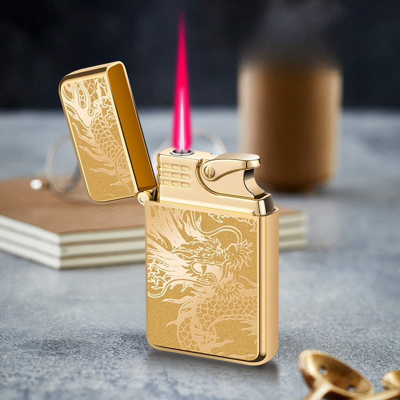 This Is a Metal Torch Lighter Designed for Outdoor Use, Featuring a Windproof Red Flame And a Stylish Dragon Pattern. It Operates on Butane Gas, Which Is Not Included, And Is Perfect for Camping And Bbqs. The Flame Is Adjustable, Without Battery