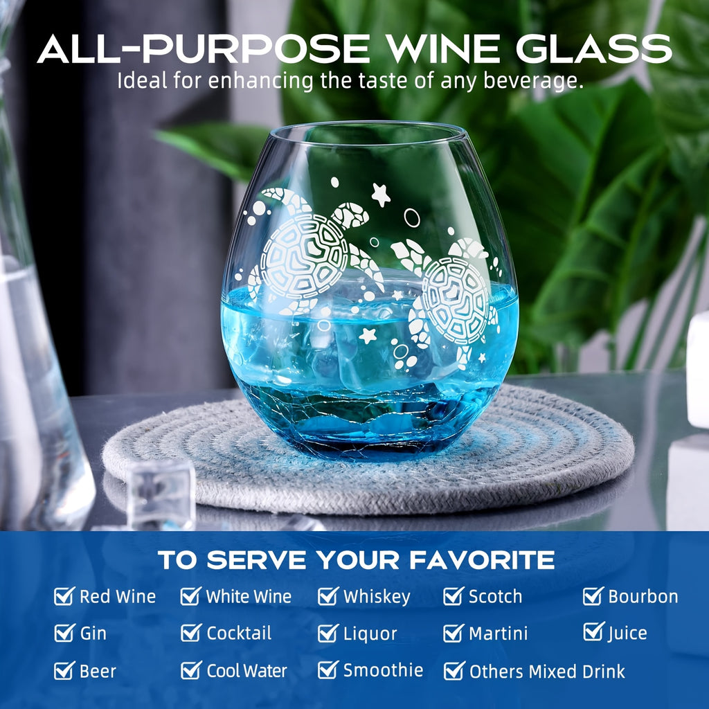 Roraem Wine Glasses - Hand-Etched for Turtle Designs on Wine Glasses, Perfect Unique Gifts for Women Who Love The Ocean. These Stemless Turquoise Glasses Are Ideal for Turtle Enthusiasts