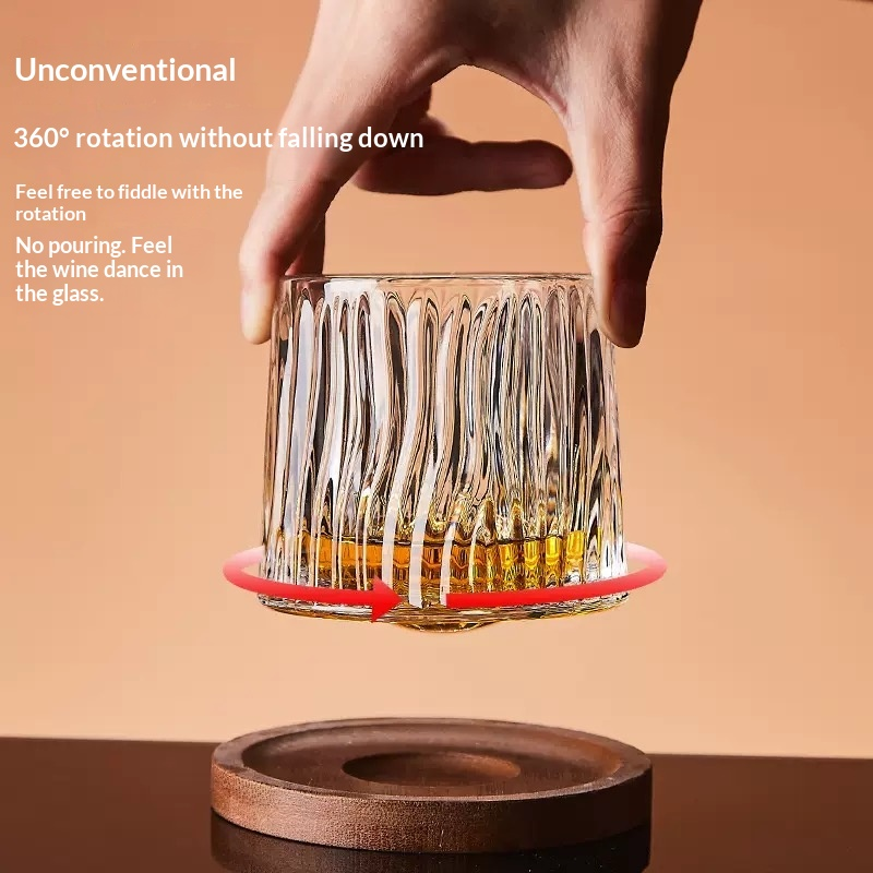 Creative Spinning Whisky Glass - Handmade Colored Glass Cup with Natural Wood Tray, Unique Fidget Toy & Barware Gift for Men