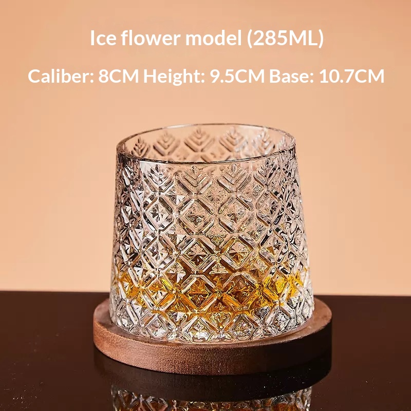 Creative Spinning Whisky Glass - Handmade Colored Glass Cup with Natural Wood Tray, Unique Fidget Toy & Barware Gift for Men