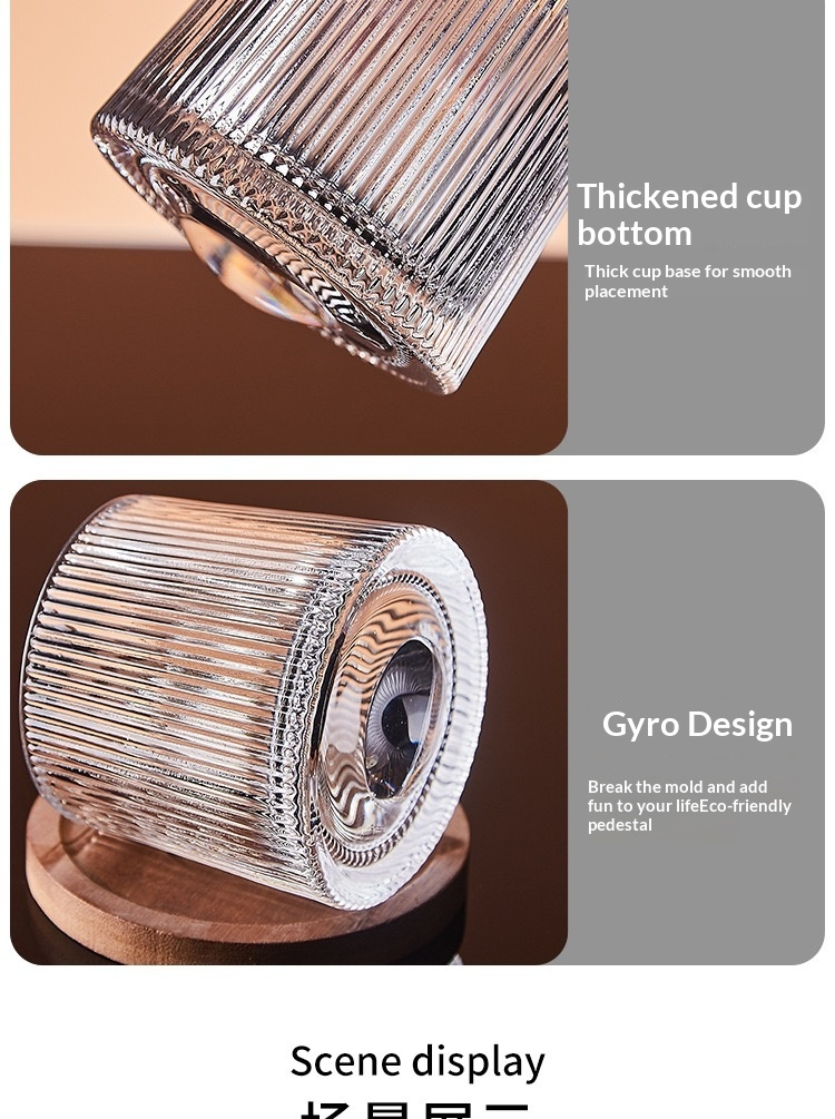 Creative Spinning Whisky Glass - Handmade Colored Glass Cup with Natural Wood Tray, Unique Fidget Toy & Barware Gift for Men