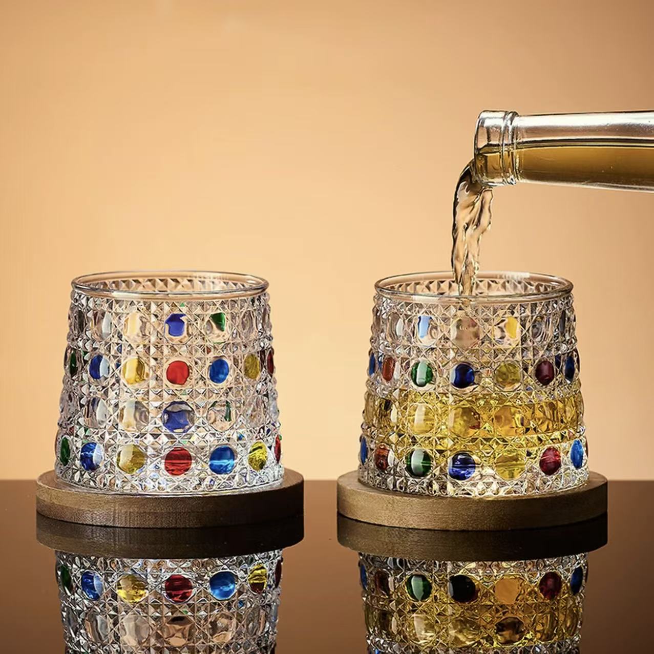 Creative Spinning Whisky Glass - Handmade Colored Glass Cup with Natural Wood Tray, Unique Fidget Toy & Barware Gift for Men