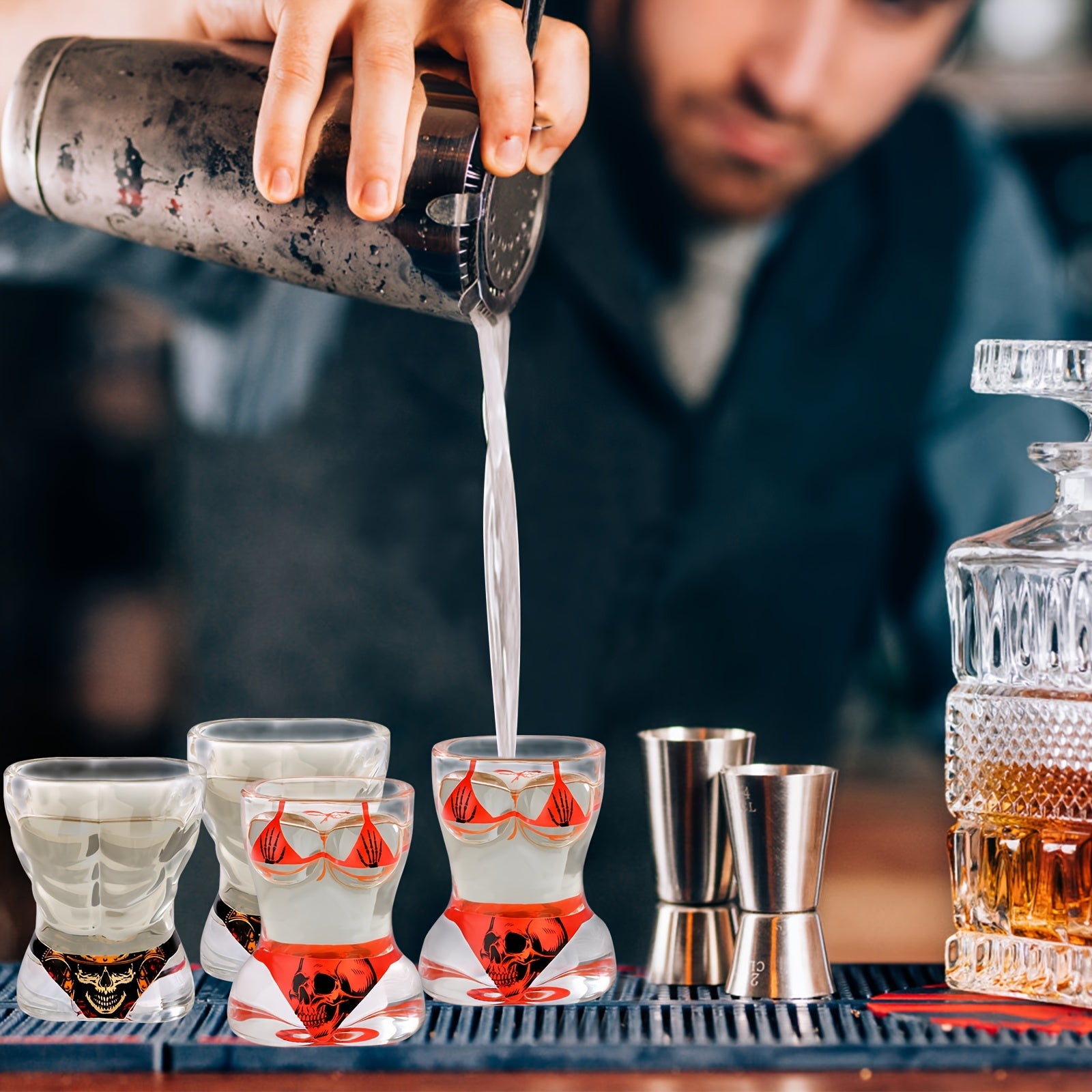 Glass Skull Style Small Wine Glasses for Muscular Men 2pcs + Bikini 2pcs + LOGO Folding Box + Greeting Card Family Bar Wide Mouth Cup Whiskey Volga Beer Wine Glass