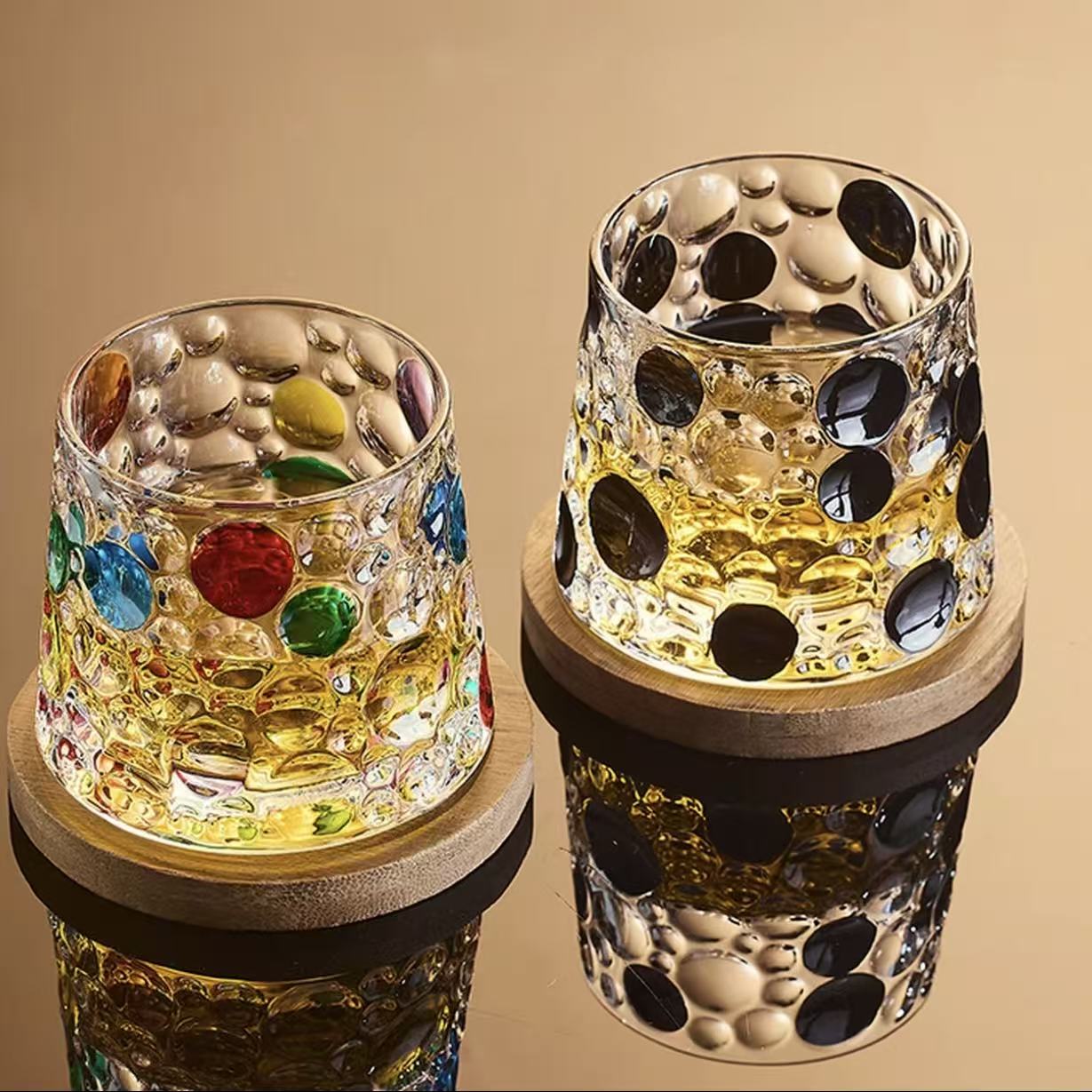 Creative Spinning Whisky Glass - Handmade Colored Glass Cup with Natural Wood Tray, Unique Fidget Toy & Barware Gift for Men