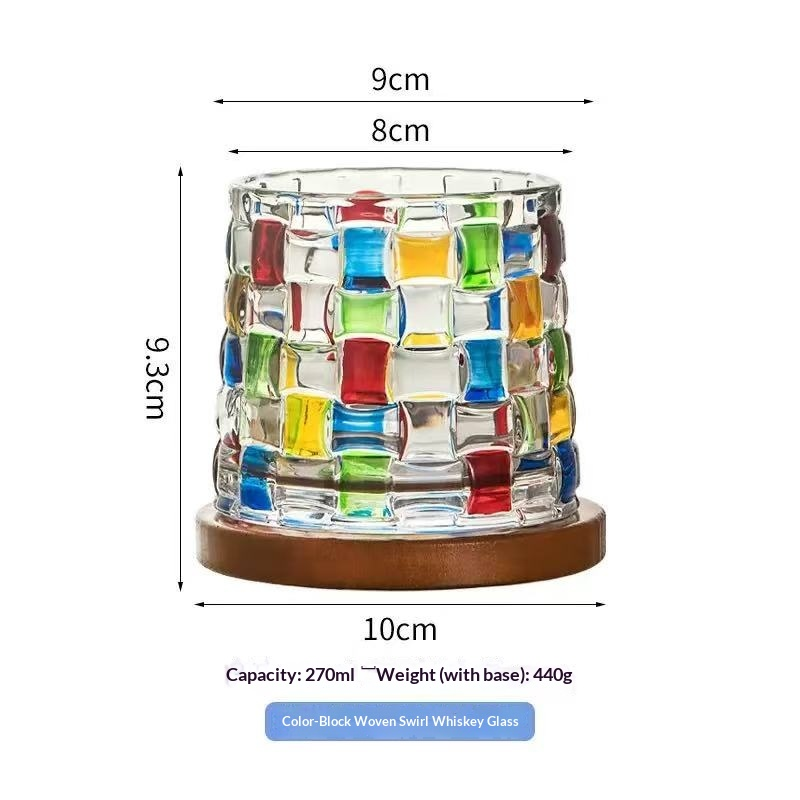 Creative Spinning Whisky Glass - Handmade Colored Glass Cup with Natural Wood Tray, Unique Fidget Toy & Barware Gift for Men