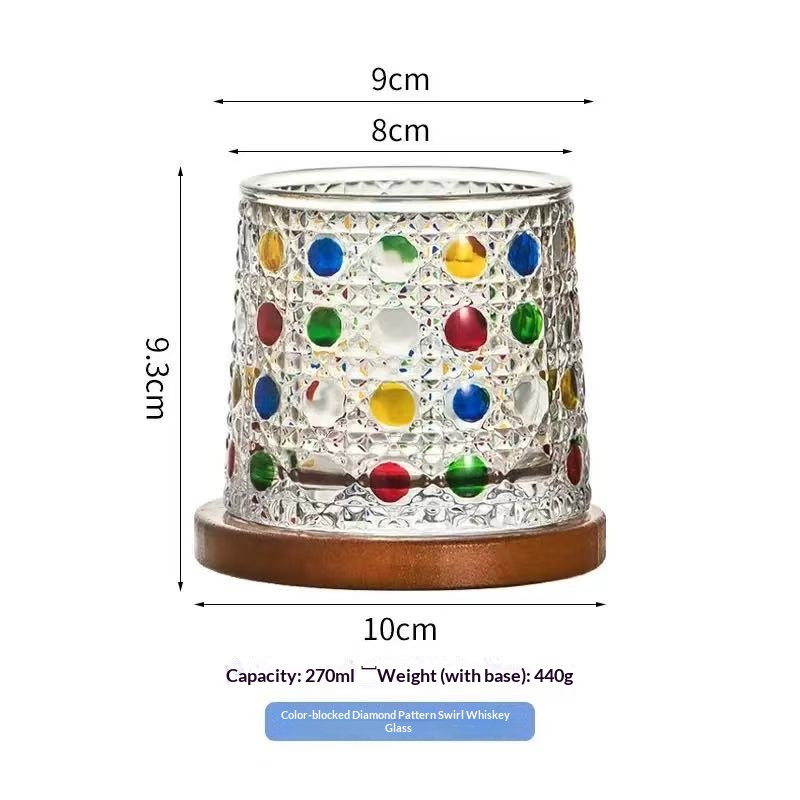 Creative Spinning Whisky Glass - Handmade Colored Glass Cup with Natural Wood Tray, Unique Fidget Toy & Barware Gift for Men